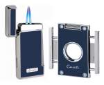 Caseti Paris Feuerzeug Set blau chrom 2-fach Jet-Flamme + Cutter
