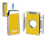 Caseti Paris Feuerzeug Set gelb chrom 2-fach Jet-Flamme + Cutter