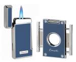Caseti Paris Feuerzeug Set graublau chrom 2-fach Jet-Flamme + Cutter