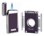 Caseti Paris Feuerzeug Set lila chrom 2-fach Jet-Flamme + Cutter