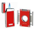 Caseti Paris Feuerzeug Set rot chrom 2-fach Jet-Flamme + Cutter