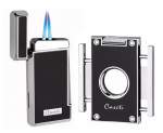 Caseti Paris Feuerzeug Set schwarz chrom 2-fach Jet-Flamme + Cutter