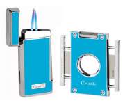 Produktbild Caseti Paris Feuerzeug Set türkisblau chrom 2-fach Jet-Flamme + Cutter