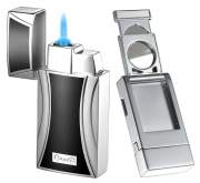 Produktbild Caseti Paris Chamonix Jet chrom schwarz Feuerzeug mit 1-fach Jet-Flamme mit Cutter